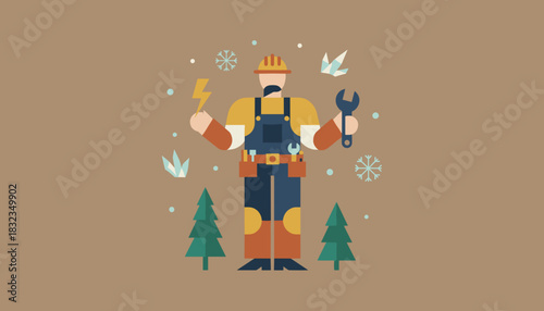 Skilled repairmanelectrician holding wrench and power bolt in winter environment vector