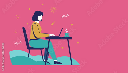 2024 business planning Woman working remotely on a laptop with celebratory elements