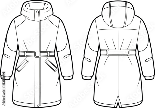 Winter coat technical drawing, fashion flat sketch, front back view, hooded, belted, outerwear design, black white line art