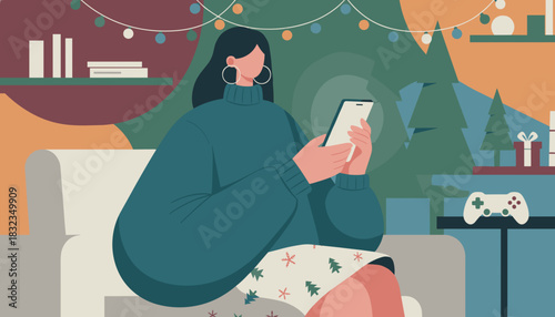 Cozy holiday evening Woman uses smartphone sitting by Christmas lights and winter decor