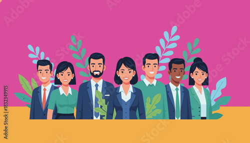 Smiling diverse business team standing together in professional attire modern vector illustration