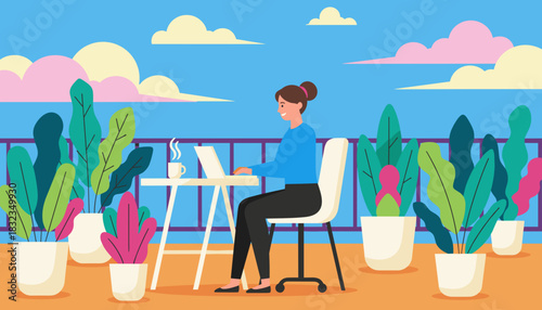 Woman works remotely on a laptop outdoors on a lush balcony garden terrace enjoying coffee