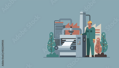 Factory worker operating machinery near holiday decorations Industrial production at Christmas