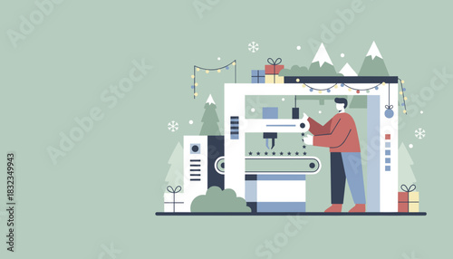 Holiday factory worker creating Christmas stars using industrial automated machinery