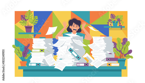 Overwhelmed worker stressed by huge piles of documents and paperwork on her office desk