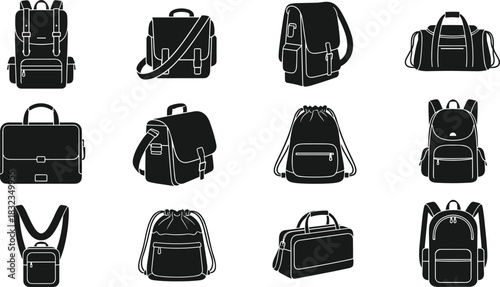 Bag and backpack vector collection featuring travel luggage, messenger bags, drawstring sacks, handbags and briefcases for branding, design projects, and accessory illustrations