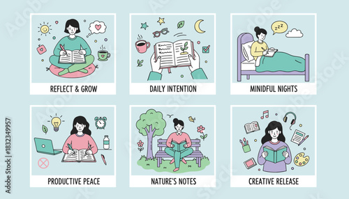 Six illustrations detailing daily mindfulness and selfcare routines journaling reflection reading and creative growth