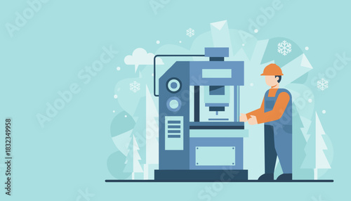 Industrial worker operating a heavy press machine in a snowy winter setting vector illustration