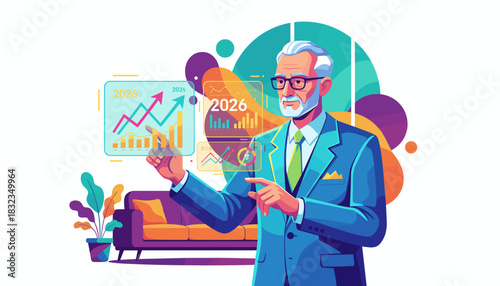 Senior businessman planning 2026 financial strategy with interactive screen