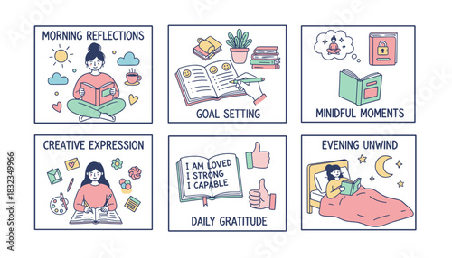 Daily selfcare routine vector set journaling mindfulness goal setting and reflection