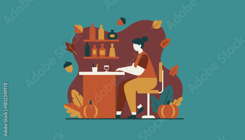 Freelancer working remotely in cozy autumn setting with laptop surrounded by fall leaves and pumpkins