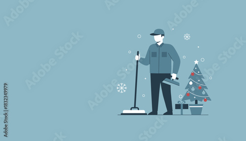 Service worker cleaning during winter holidays standing by a festive Christmas tree