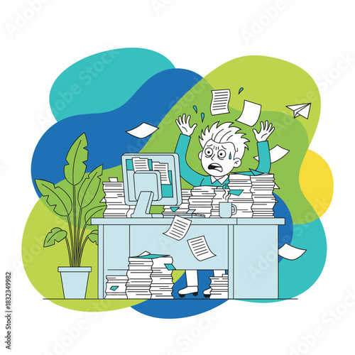 Overwhelmed businessman stressed by excessive workload and paperwork Office burnout vector illustration