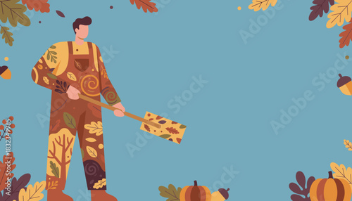 Stylized man in autumn overalls holding a shovel framed by leaves and pumpkins Copy space template