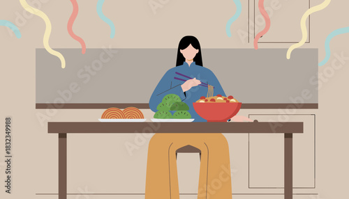 Woman eating noodles and dumplings at a festive table Asian holiday food illustration