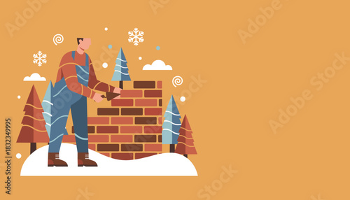 Construction worker laying bricks in winter Industry and building concept illustration with copy space