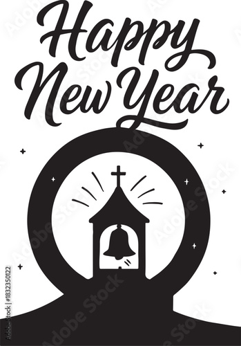 Happy new year calligraphic text with church bell and cross design.