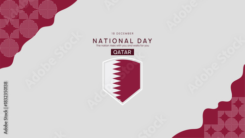 Minimalist Qatar National Day Banner Design with Maroon and White Colors Featuring Geometric Patterns and Wavy Shapes for Celebration Background and Event Promotion