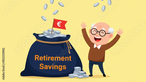Happy Senior Man with Euro Retirement Savings Money Bag