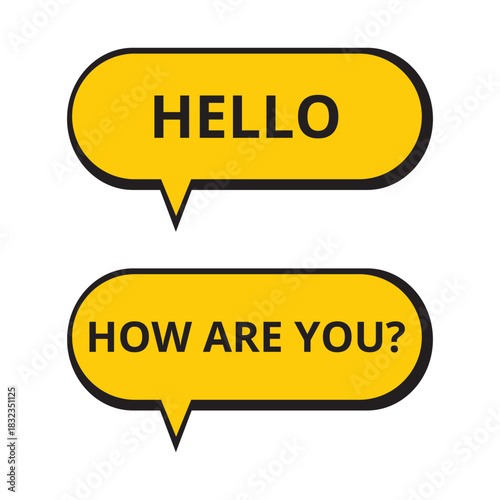 Yellow speech bubbles with hello and how are you expressions on a white background