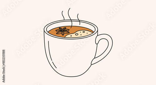 Cozy cup of hot cinnamon tea with star anise and steam