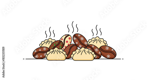 Steaming festive dumplings and winter coffee beans illustration