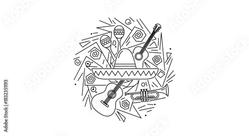 Mexican Music Instruments and Sombrero Line Art Illustration