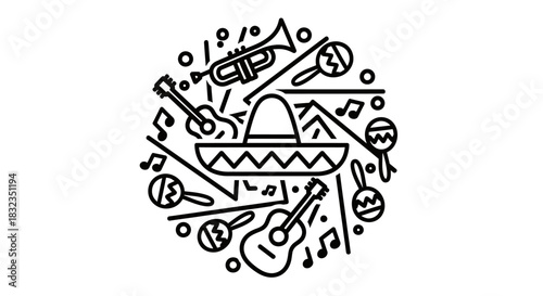 Festive Mexican Music Instruments and Sombrero Illustration