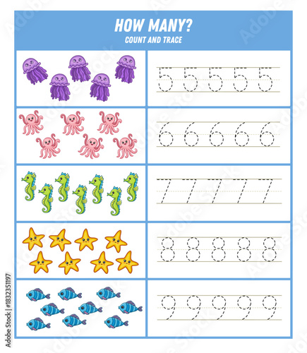 How Many sea animals. Count and trace the numbers worksheet. Activity page with cute sea animals. Math for preschool kids. Handwriting practice. Vector illustration