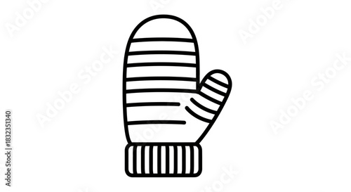 Simple black and white line art illustration of a cozy winter mitten.
