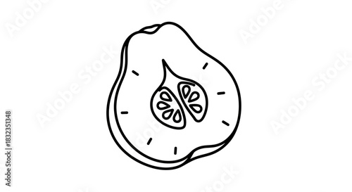 Line Art Illustration of a Sliced Quince Fruit with Seeds