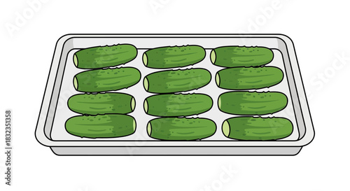 Illustration of fresh green cucumbers neatly arranged on a white tray.