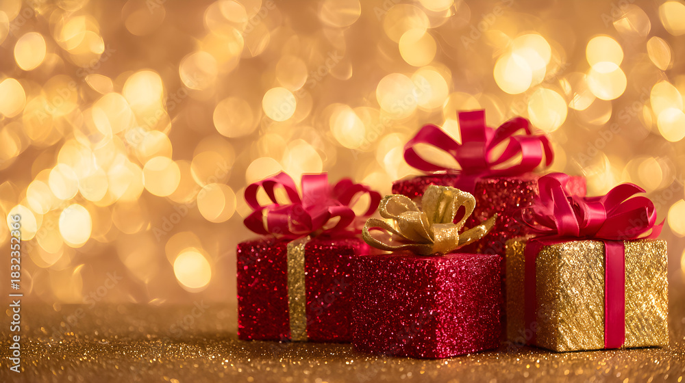 Fototapeta premium Beautifully wrapped red and gold gifts create a festive atmosphere during the holiday season