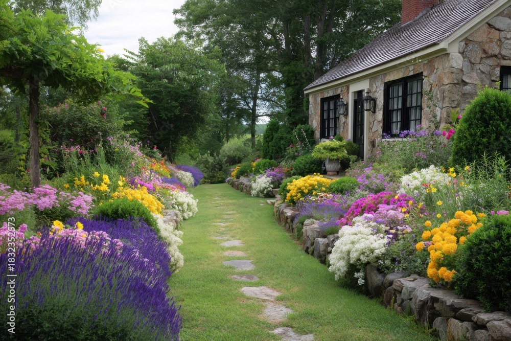 Fototapeta premium A stunning garden pathway adorned with an array of vibrant flowers gracefully leads up to a delightful stone cottage, nestled in tranquility on a peaceful afternoon