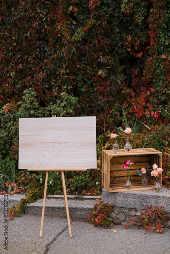 Coziness and style. Modern event design. European traditional wedding ceremony decoration and lounge zone in the restaurant before the reception.