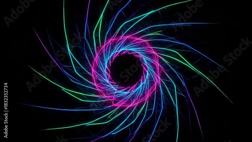 Neon Spiral Vortex of Pulsing Fluorescent Energy Lines on Black