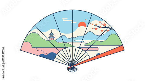 Japanese folding fan icon, blue red green pink, for app UI, logo and web design, isolated  