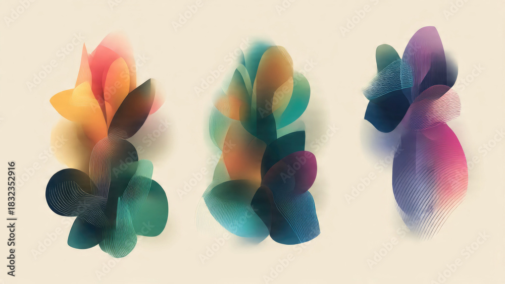 Fototapeta premium Vibrant abstract art showcasing three organic clusters of translucent, overlapping shapes in gradient colors. Delicate lines add texture to this modern, clean design.