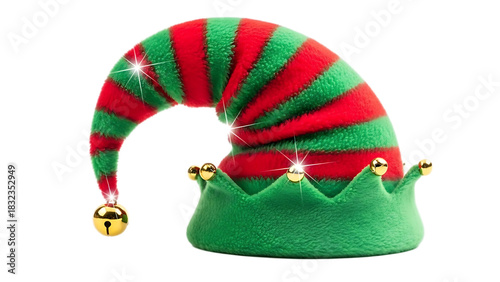 A festive elf hat with red and green stripes and a golden bell isolated on a black background