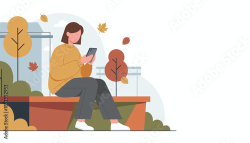 Woman sitting in an an autumn park scrolling on her smartphone Communication and leisure