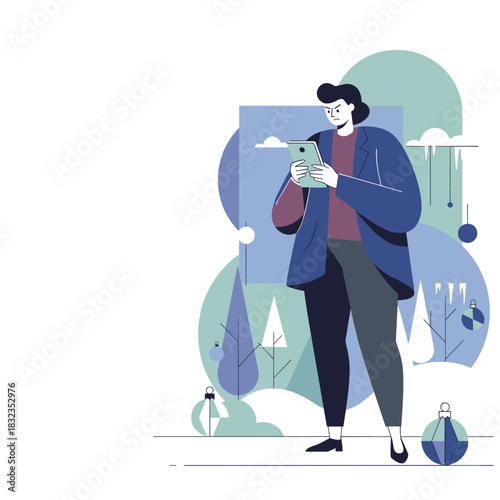 Busy person checking a tablet while distracted during abstract winter or holiday season