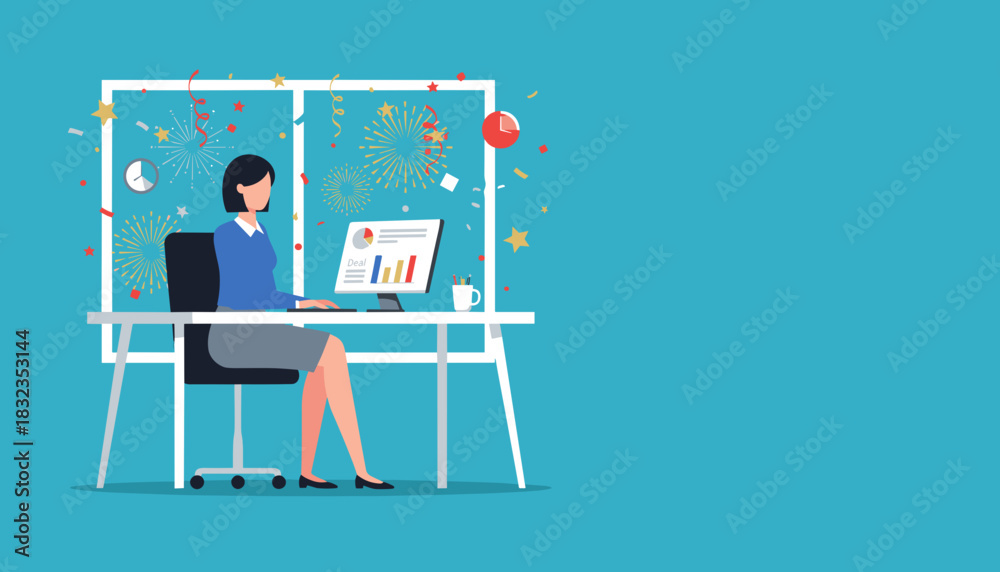 Fototapeta premium Celebrating success Businesswoman at office desk with charts fireworks showing deal completion