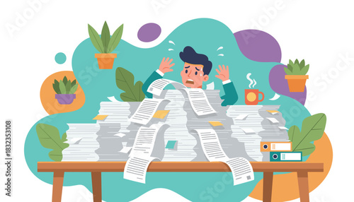 Stressed worker overwhelmed by huge piles of office documents and bureaucracy