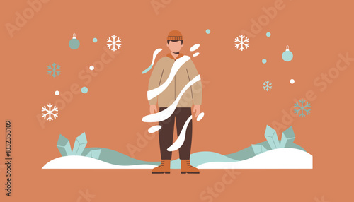 Man in warm coat and hat standing outdoors in stylized winter landscape with snow ice and snowflakes