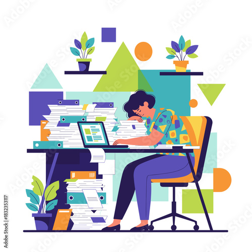 Exhausted employee sleeps at desk overwhelmed by paperwork and excessive workload