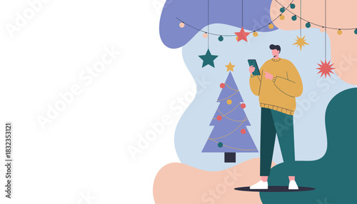 Holiday season man using smartphone near decorated Christmas tree Flat vector illustration with copy space