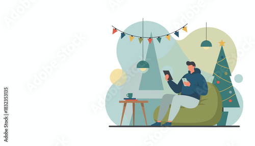 Man relaxes at home during holidays using tablet and phone next to a decorated Christmas tree Vector illustration