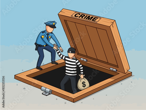 Police Officer Apprehending a Thief Emerging from a Manhole.