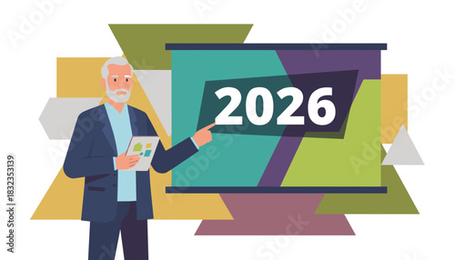 Senior businessman presenting the strategic plan for 2026 on a screen