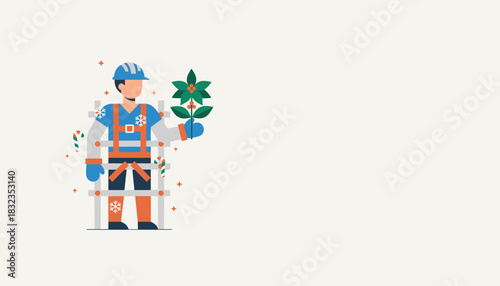 Builder in harness holds holly sprig for festive workplace safety illustration